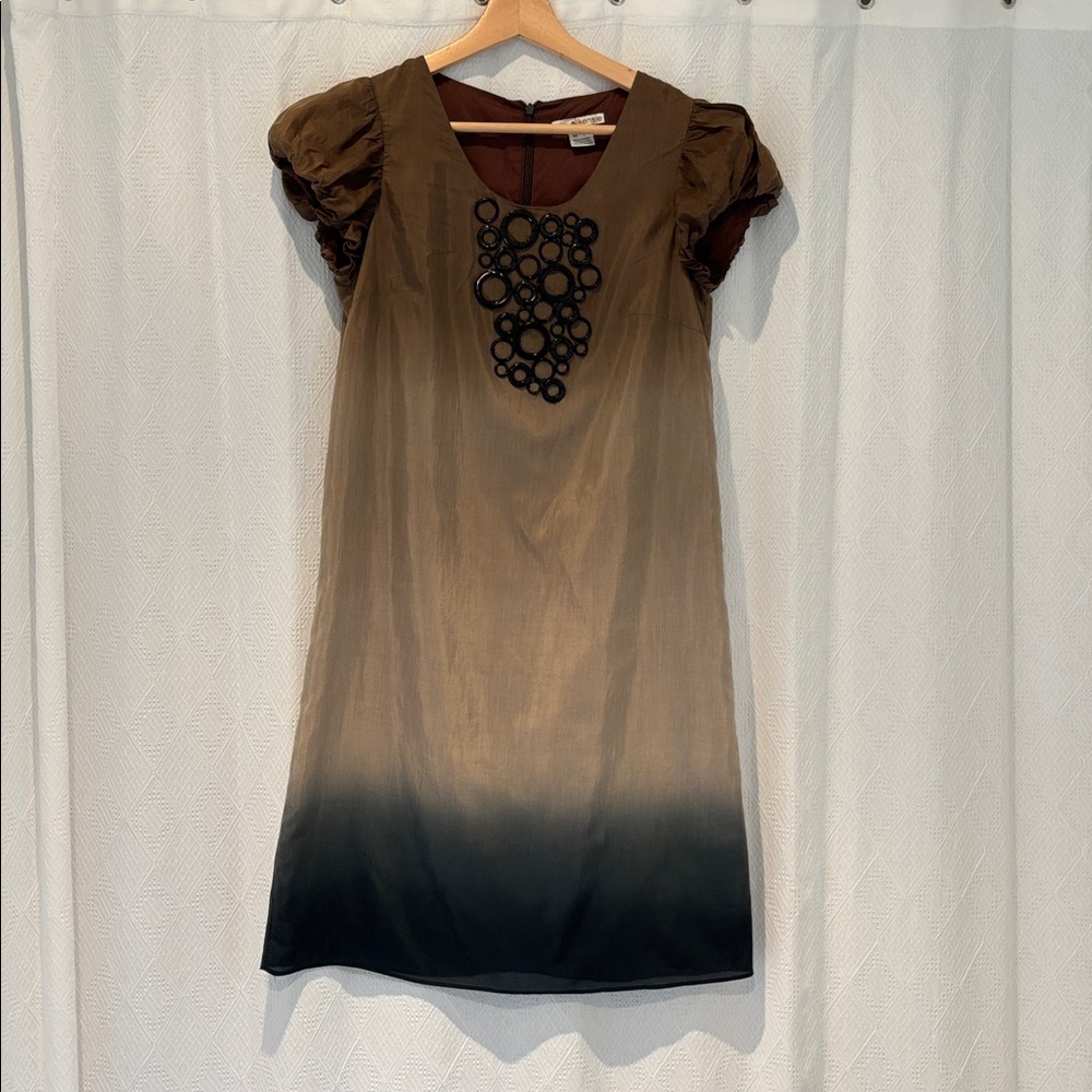 Brown and Black Ombre Silk/Cotton Dress with Puff Sleeves
